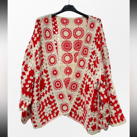 FROM PARIS FRANCE 🇫🇷 Red and White Crochet Cardigan - Picture 2 of 2